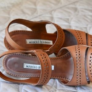 MANOLO BLAHNIK Brown Punched Leather Sandals Size 6 1/2